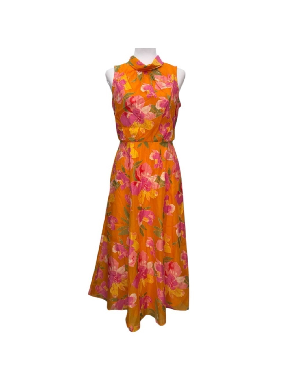 Karl Lagerfeld Paris Floral Midi Dress Orange Pink Yellow Size 4 NWT - Picture 2 of 8